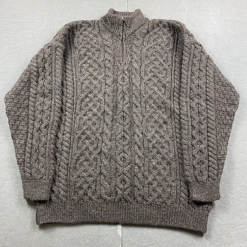 Orvis Sweater Mens XL Ireland 100% Wool 1/4 Zip Brown Cable Knit Fisherman Heavy